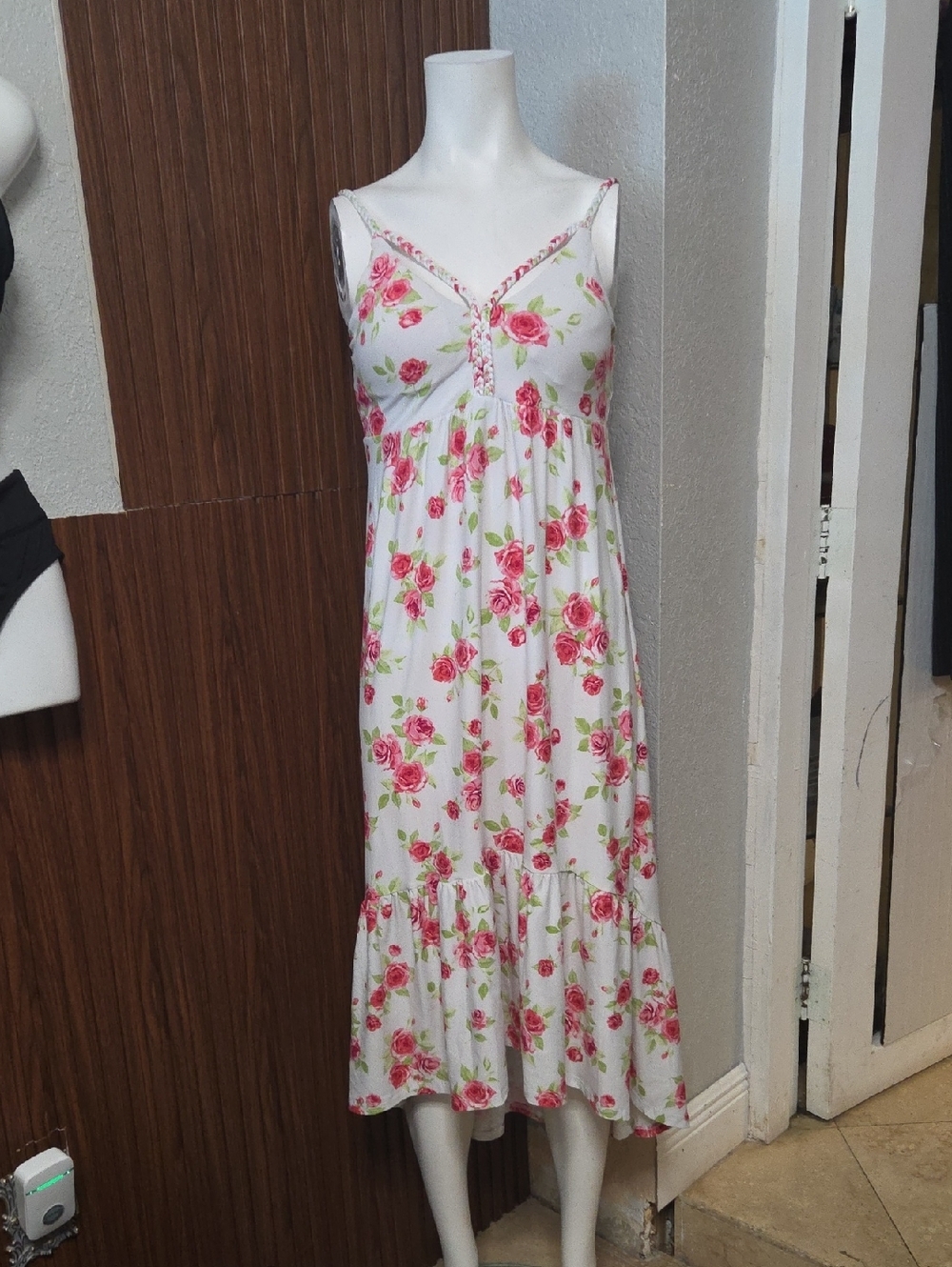 White Floral Midi Sundress with Pink Roses Medium Sz [1215]